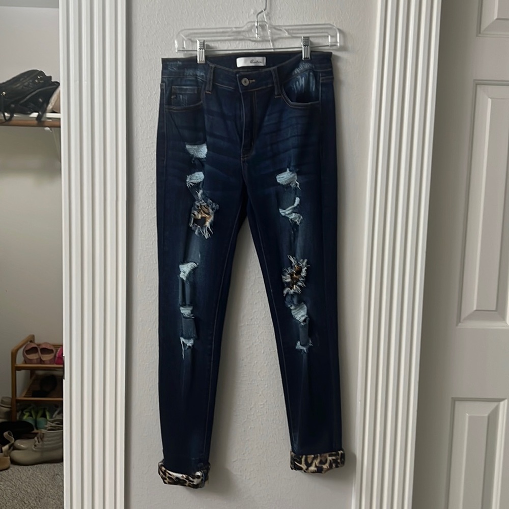 Kancan distressed, leopard cuffs, blue jeans Sz 11/29